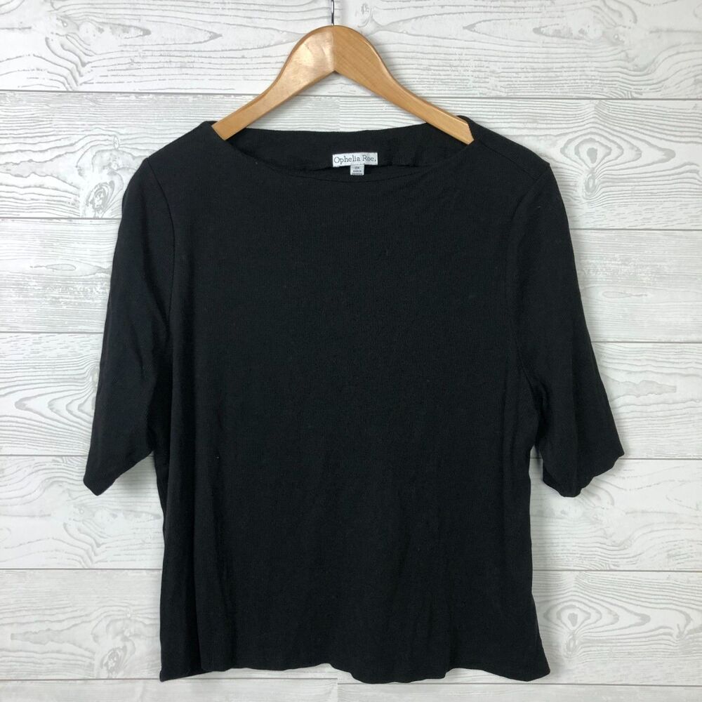 Ophelia Roe Women's 2X Knit Boat Neck Top Half Sleeve Ribbed Solid Black